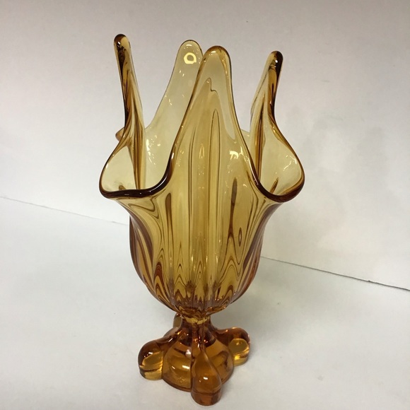 Vintage MCM 8” Viking Glass Amber Swung Stretch 4 Finger Footed Pedestal… - Picture 8 of 12